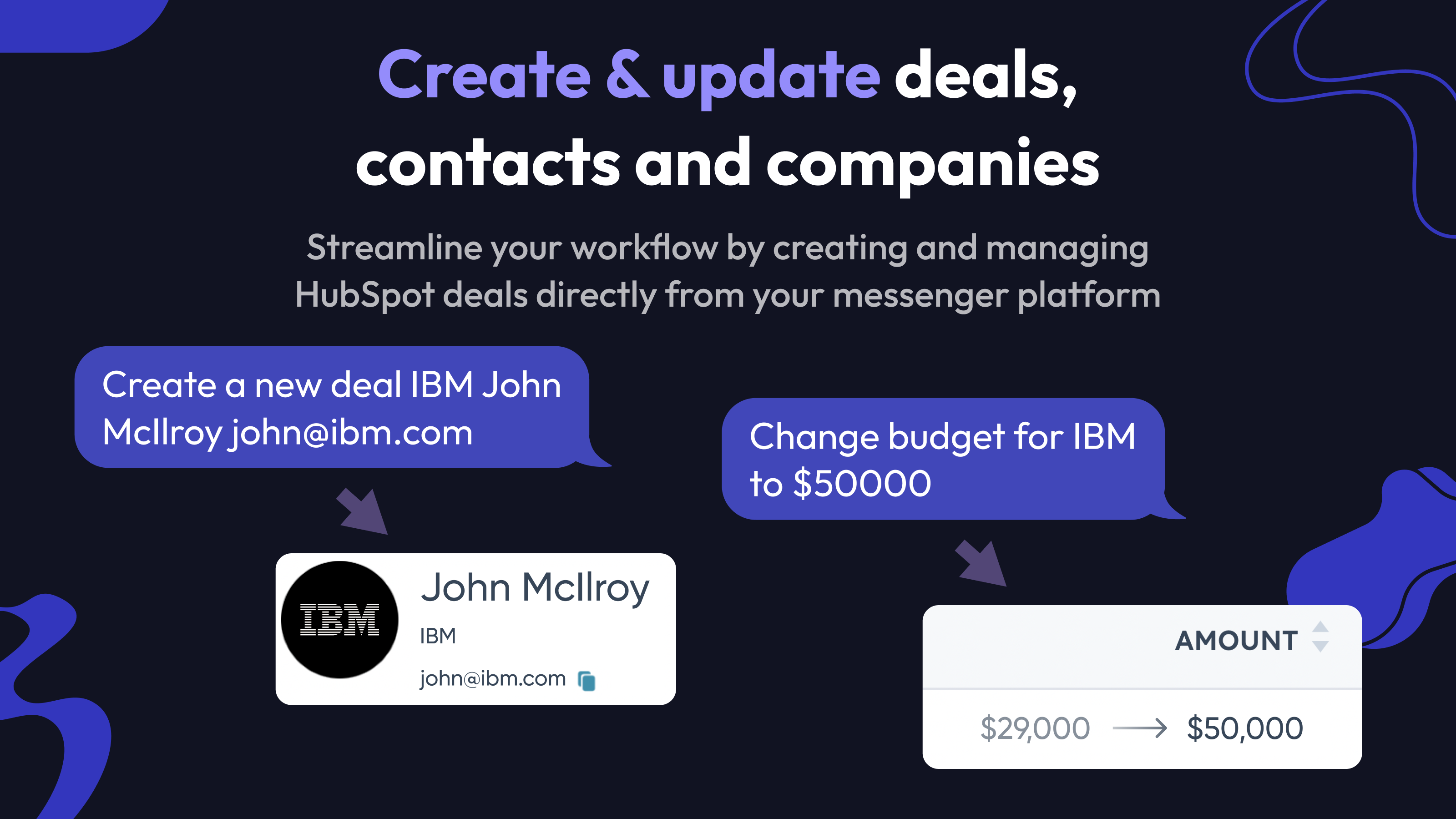 Create & update deals, contacts, and companies from your messenger platform